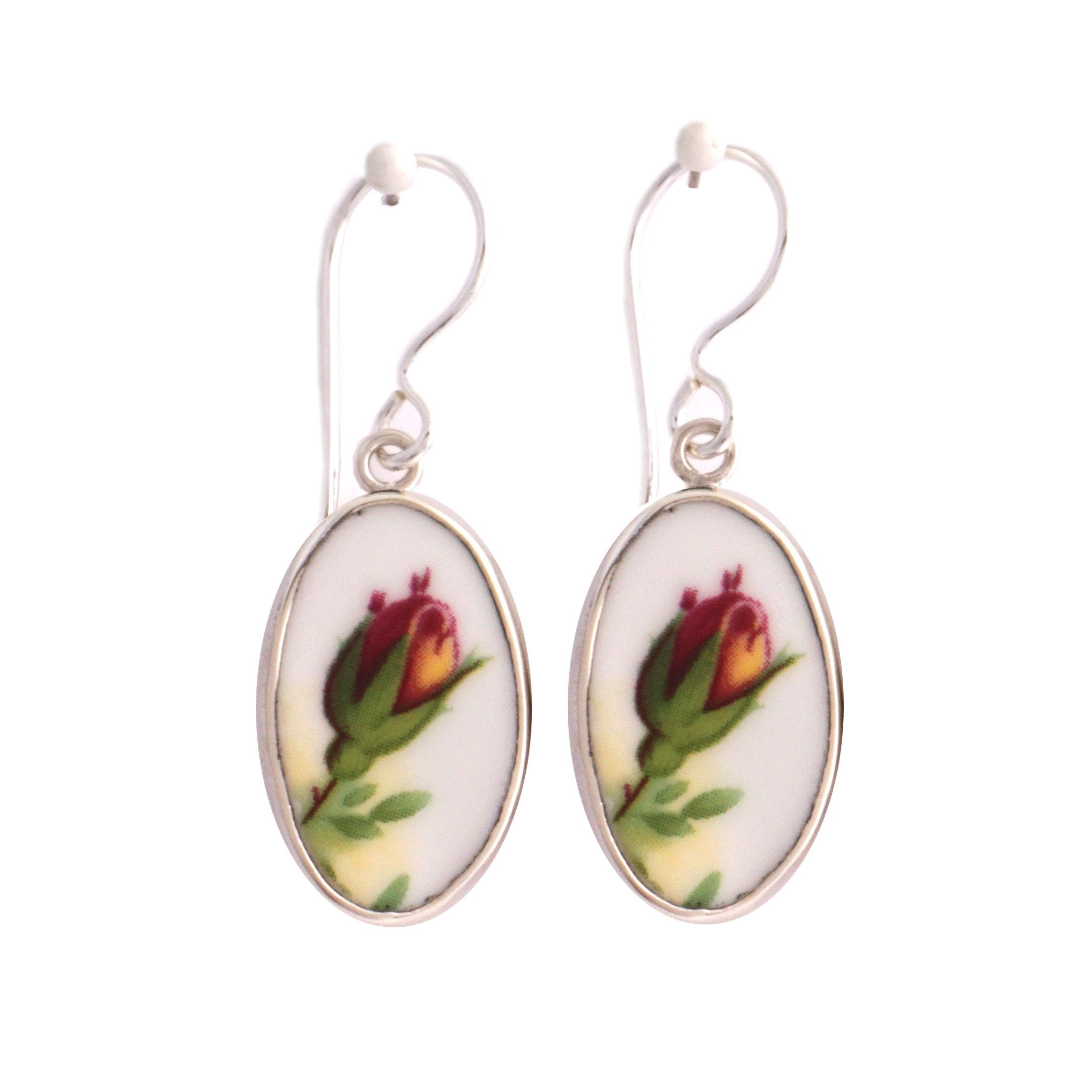 Broken China Jewelry Old Country Roses Pink Rose Bud Sterling Oval Earrings