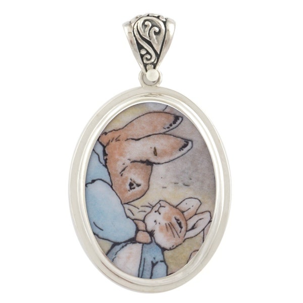 Broken China Jewelry Beatrix Potter Winter Peter Rabbit Mother Buttoning Blue Coat Jacket Sterling Oval Pendant