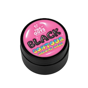 May include: A black nail contour product in a small, round black jar. The lid is bright pink with the words "TWO GUYS" and "BLACK CONTOUR CHROME BASE" in black, blue, yellow, and green lettering. The product is for nail art.