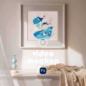 Maquetas de marcos cuadrados animados, maquetas de pósteres y vídeos, sombra de cortina en movimiento, maqueta de vídeo PSD de arte mural 1:1