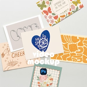Könnte beinhalten: Eine Sammlung rechteckiger Grußkarten mit verschiedenen Motiven, darunter ein blaues Herz mit dem Text HELLO SPRING BLOOM & GROW, eine Karte mit dem Text SPRING IS IN THE AIR, das Wort LOVE, der Text CHEERS sowie verschiedene Nudel-Muster.