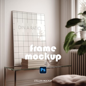 Neutral Frame Poster Mockup PSD Leaning Frame on Console Table Minimalist French Interior Sunlight Shadow Wall Art