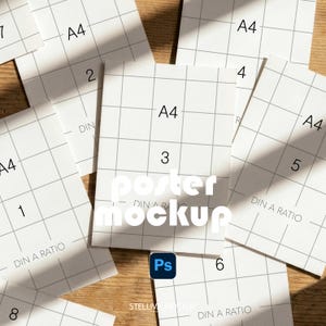 Puede incluir: Una colección de hojas de papel rectangulares blancas con un patrón de cuadrícula negro, el texto A4, DIN A RATIO y números individuales del 1 al 8. Un pequeño icono cuadrado azul con las letras blancas Ps se sitúa cerca del centro.
