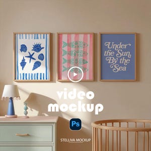 Maqueta de marco de vídeo para guardería 3:4, PSD animado, MP4, póster con triple marco a la luz del sol.