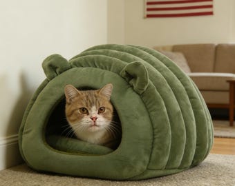 Cama cueva para gatos con forma de oruga de peluche – Alfombra acogedora convertible, nido grande para mascotas de color verde