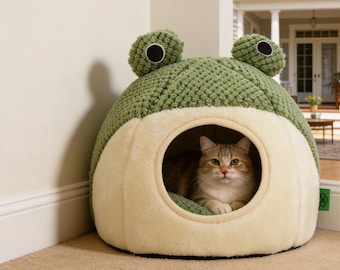 Frog Shaped Cat Bed, Semi-Enclosed Plush Pet Nest (Large Size)