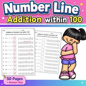 Puede incluir: Conjunto de hojas de trabajo educativas titulado Number Line Addition within 100 con problemas matemáticos, rectas numéricas y casillas de respuesta. Incluye un personaje de dibujos animados con cabello negro, camisa rosa y pantalones cortos azules.