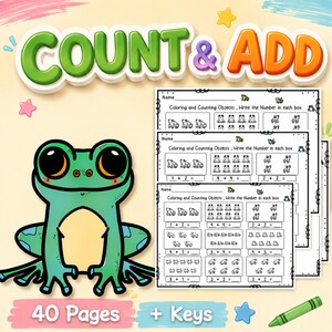 May include: A Count & Add educational activity book featuring a large green frog illustration. The pages include maths worksheets with frog graphics, addition problems, and counting exercises. The cover text reads 40 Pages + Keys.