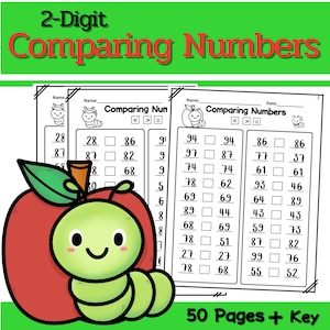 Puede incluir: Hoja de trabajo educativa titulada "2-Digit Comparing Numbers" con una manzana roja y un gráfico de oruga verde. La hoja de trabajo incluye problemas de matemáticas para comparar números, con casillas para respuestas. El texto "50 Pages + Key" también es visible.