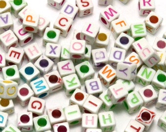 White Letter Beads, Letter Beads, Alphabet Beads, Cube Letter Beads, Square Letter Beads, Cube Alphabet Beads, Colorful Letter Beads 100 pcs