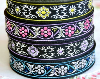 Black Jacquard Ribbon, Metallic Ribbon, Woven Ribbon, Embroidered Ribbon, Decorative Ribbon, Jacquard Trim, Flower Ribbon, Black Ribbon 16mm