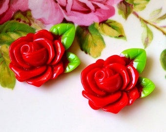 Big Red Rose Cabochons 4pcs - Resin Flowers - Flower Cabochons -Flat back Flowers - Flower Beads - Rose Charms