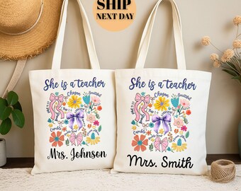 Personalized Teacher Tote Bag: Floral Design, Custom Name