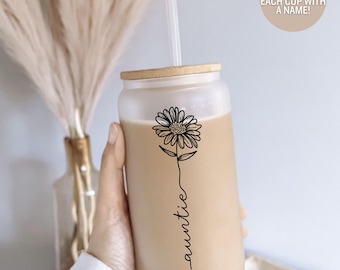 Auntie Flowers Glass Cup - Floral Aunt Cup - Auntie Life Cup - Best Aunt Cup - Aunt Life Cup - Best Aunt Club Glass Can - Auntie Life gift