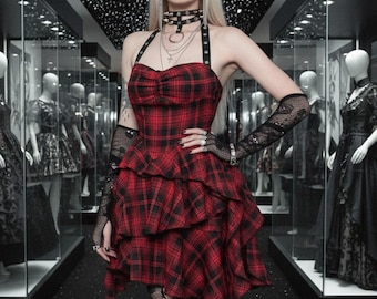 Gothic Rot kariertes trägerloses Kleid, Sexy Sommer Minikleid mit Schnürrücken, Alternatives Punk Hot Girl Outfit, Y2K inspiriertes Partykleid