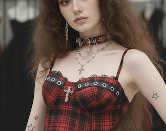 Gothic kariertes Bustier Top mit Abnehmbaren Pads, Edgy Y2K Bubble Mini Rock Set, Alternative Punk Rave Outfit, Verstellbares Halloween Kostüm