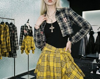 Retro-karierter Rock mit hoher Taille und abnehmbarem Schnürkorsett, Karierte Gothic-Schichtjacke, Dark Academia Sommer-Zweiteiler-Set