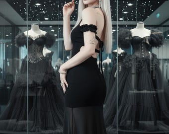 Gothic Schwarzes rückenfreies Neckholder Maxi Kleid, langärmliges Kleid mit geteiltem Saum und transparenten Einsätzen, dunkelromantisches alternatives Abendkleid