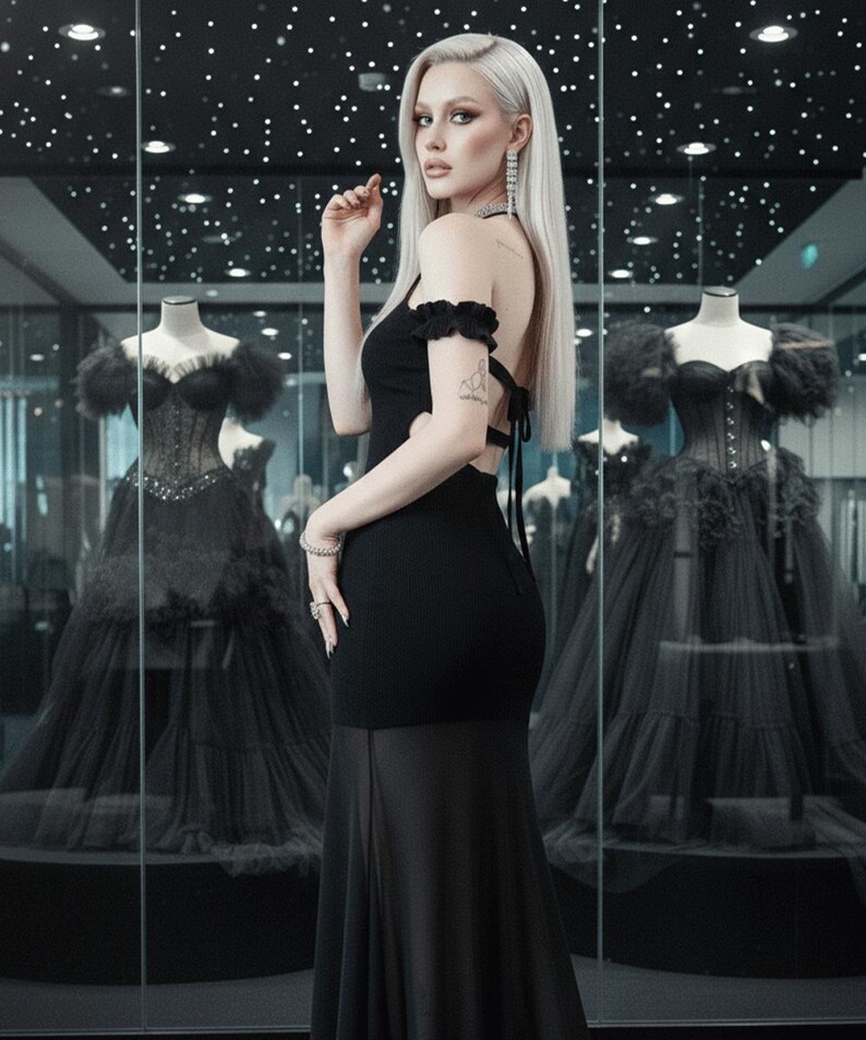 Gothic Black Backless Halter Maxi Dress, Long Sleeve Split Hem Dress ...