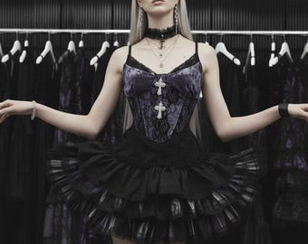 Eleganter schwarzer Spitzenbesatz-Samt-Tüll-Kuchenrock, flauschiger gekräuselter Halbkreisrock für Party, Hochzeit, Vintage-inspirierte Abendgarderobe