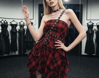 Kariertes trägerloses Minikleid mit asymmetrischem Saum, Sexy Gothic Tartan Bodycon Kleid, Alternative Edgy Hot Girl Y2K Party Dress