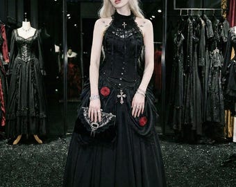 Gothic Rote Spitze Bustier & Asymmetrischer Rock Set, Wein Korsett Zweiteiliger Harness Outfit, Dunkel Romantisches Handgemachtes Gothic Set