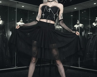 Gothic Kreuz Ketten Bustier Kleid mit Rose Strukturierte Spitze, asymmetrische Lagenrock, dunkel Romantisches Bodycon Kleid mit Harness Details