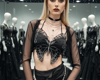 Gothic Schmetterling Stickerei 3-Teiliges Set, Sheer Mesh Top & High Waist Rock mit Weste, Dunkles Alternatives Outfit