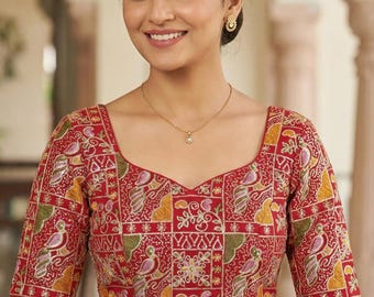 Red Georgette Designer Blouse with Sweetheart Neck, Elbow Sleeve Saree Blouse