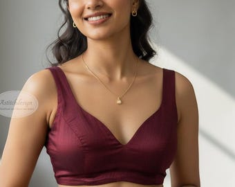 Maroon Sweetheart Neck Sleeveless Blouse | Back Hook Blouse with Tie-Up Tassels |