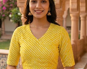 Cotton Leheriya Blouse, Women's Overlap V-Neck, Deep Back, Elbow Sleeve Saree Blouse