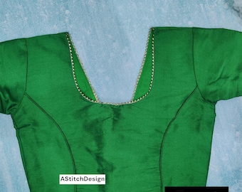 Dupion Silk Saree Blouse with Lace | Parrot Green Indian Top