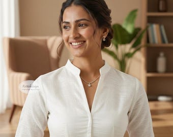 White Dupion Silk Blouse | Mandarin Collar V-Neck Blouse | Minimalist Saree Blousehg