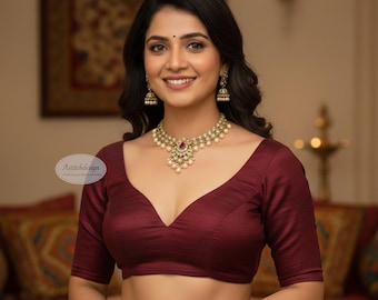 Handmade Maroon Dupion Silk Saree Blouse | Sweetheart Neck, Oval Cut Back