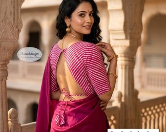 Handcrafted Pink Leheriya Cotton Saree Blouse | Elbow Sleeve Round Neck Ethnic Wear