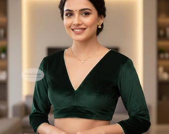 Bottle Green Velvet Saree Blouse | V Neck Three Quarter Sleeve Blouse | Back Hook Designer