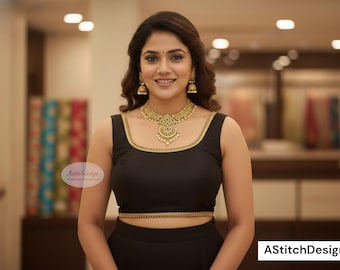 Black Dupion Silk Saree Blouse | Square Neck Sleeveless Designer Blouse | Back Hook Tie-Up Tassel