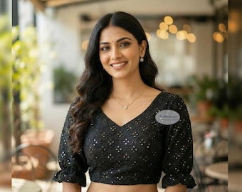 Black Georgette Sequin Work Designer Blouse with V-Neck and Puff Sleeves