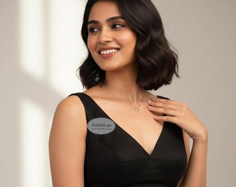 Black Cotton V-Neck Sleeveless Blouse | Back Hook | Padded Crop Top for Saree