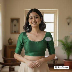 Elegant Dupion Silk Saree Blouse | Bottle Green, Scoop Neck, Elbow Sleeve
