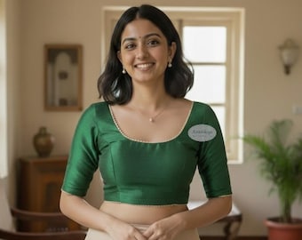 Elegante blusa sari de seda dupión / verde botella, escote redondo, mangas al codo