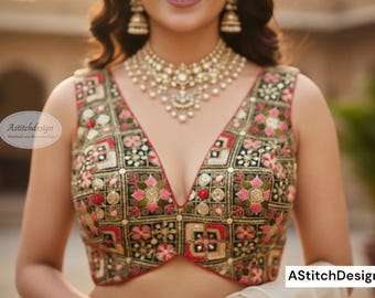 Embroidered Georgette Blouse with Sequin Work, Deep V Neck | Oval Cut Back