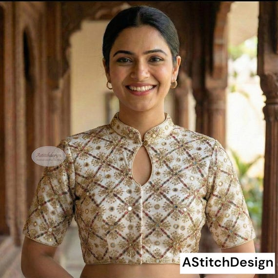 Ivory Raw Silk High Neck Blouse with Keyhole Cut | Elbow Sleeve Designer Wedding Blouse for Saree & Lehenga