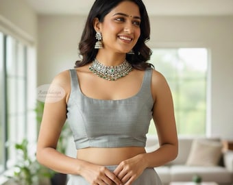 Handmade Silver Grey Dupion Silk Saree Blouse | Sleeveless Backless Indian Top