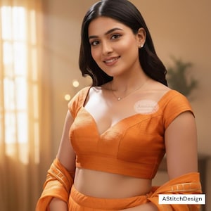 Orange Dupionseide Bluse mit Saris | Tiefes Sweetheart Neck, indische Hochzeit