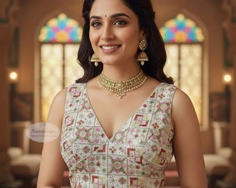 White Embroidered Georgette Saree Blouse | V Neck Sleeveless Designer Blouse |