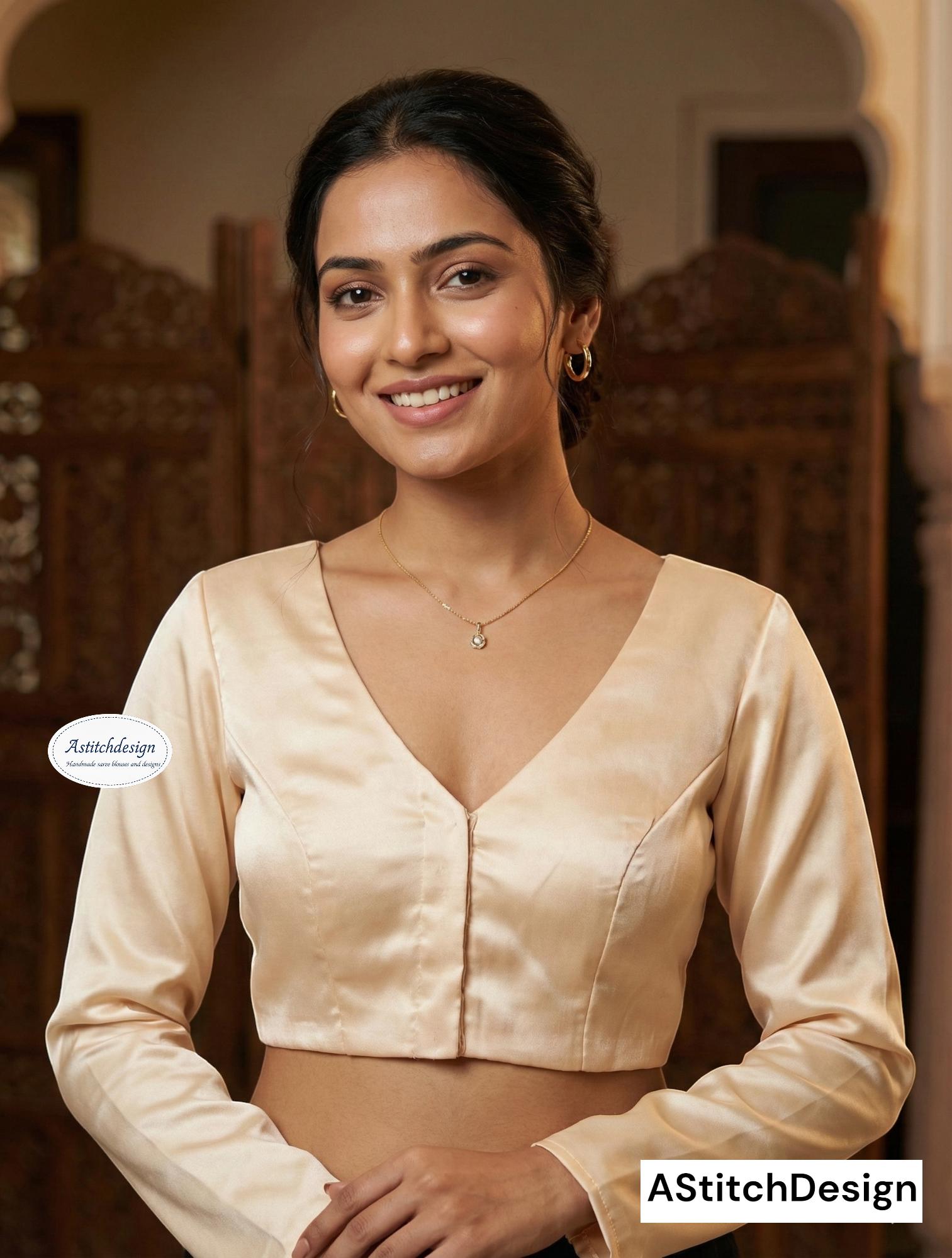 Champagne Satin Silk Saree Blouse | V-neck, Full Sleeve Indian Top