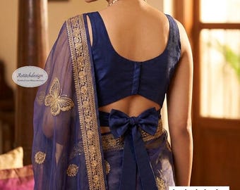 Navy Blue Dupion Silk Blouse, Scoop Neck, Deep U Back, Bow Detail
