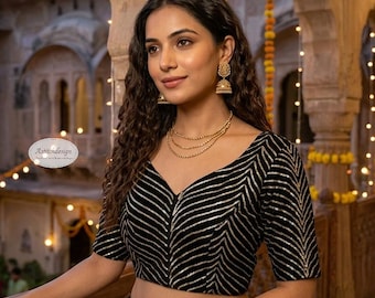 Black Velvet Saree Blouse, Sweetheart Neck, Front Hook, Elbow Sleeve