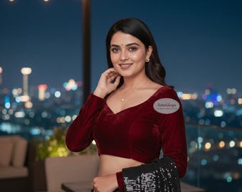 Velvet Maroon Saree Blouse, Sweetheart Neck, Long Sleeve